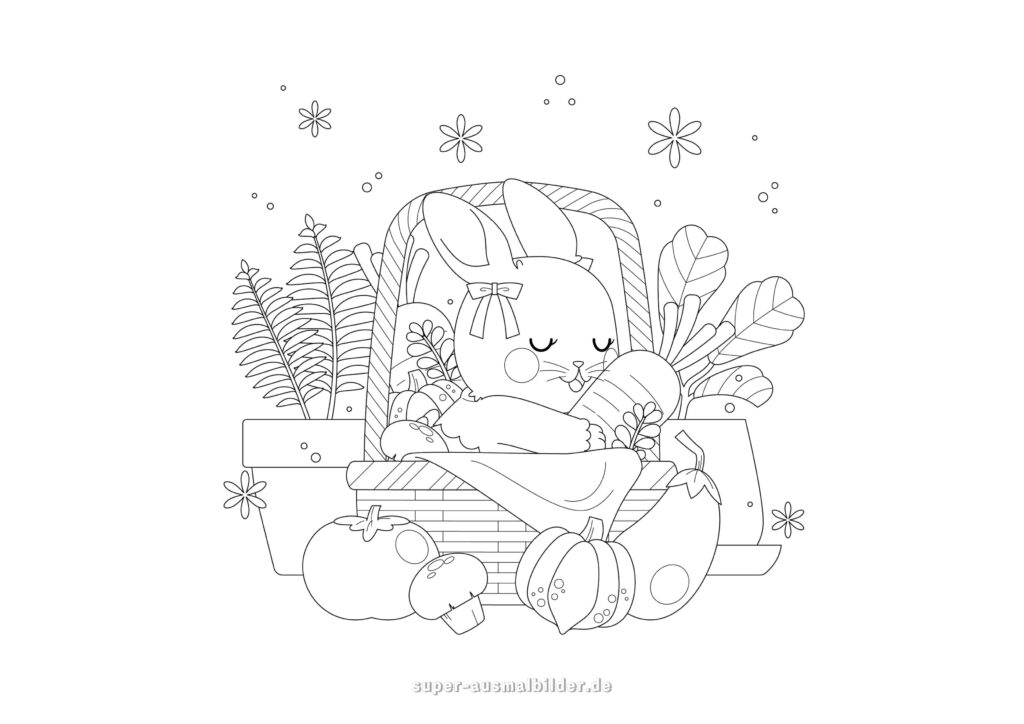 Herbst Ausmalbild – Hase mit Korb voller Gemüse, Pilze und Kürbis, süße Malvorlage Herbst kostenlos zum Ausdrucken