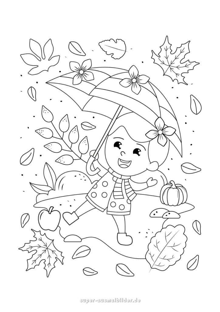 Herbst Ausmalbild – Mädchen mit Regenschirm im Regen, umgeben von Blättern, Kürbis und Äpfeln, Malvorlage Herbst kostenlos zum Drucken