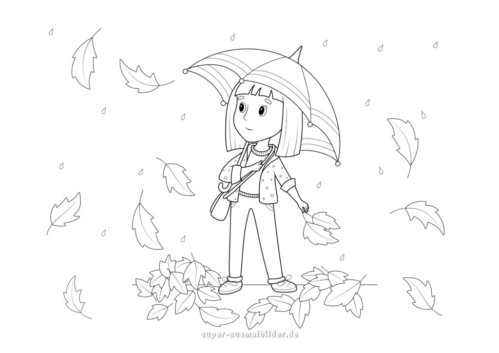 Herbst Ausmalbild – Mädchen mit Regenschirm im Regen, umgeben von fallenden Blättern, kostenlose Herbst Malvorlage zum Ausdrucken