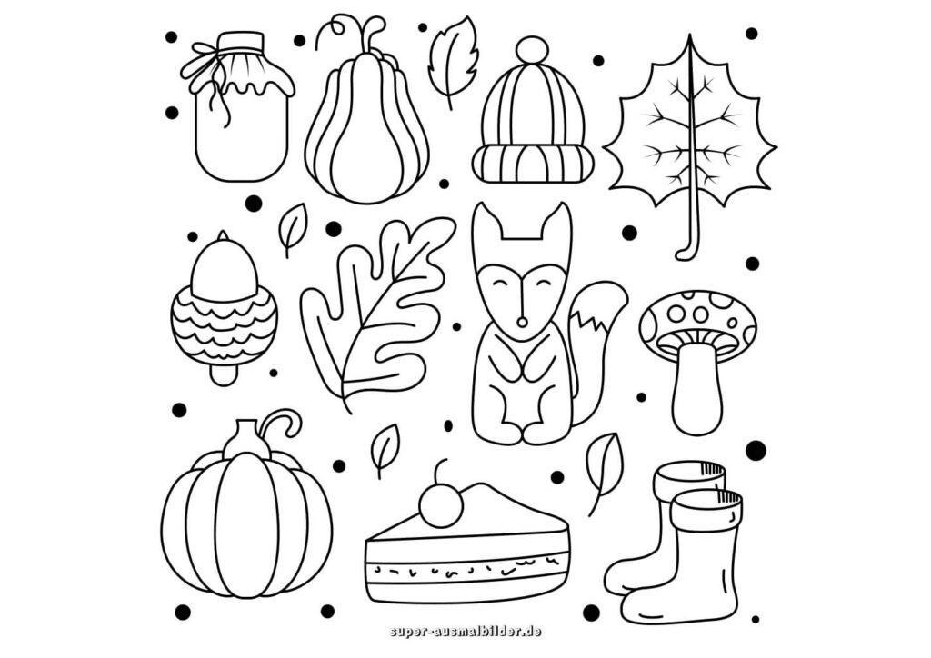 Herbst Ausmalbilder – Fuchs, Kürbis, Eichel, Blätter und Herbstsymbole, lustige Malvorlage kostenlos zum Ausdrucken
