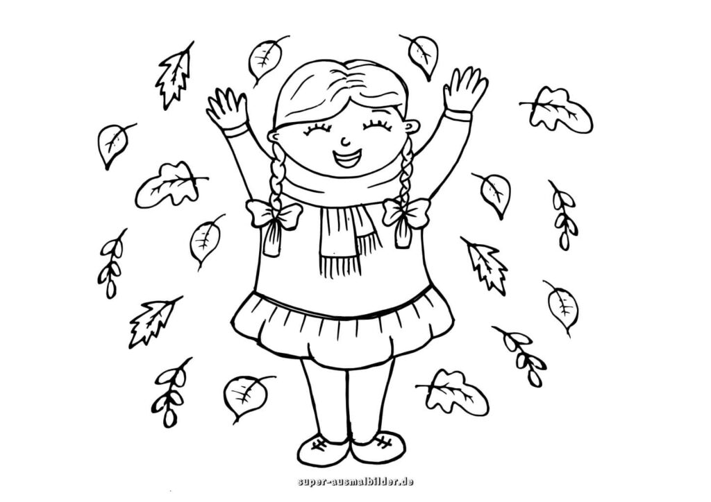 Herbst Ausmalbilder – Mädchen mit Zöpfen und Schal spielt mit fallenden Blättern, einfache Malvorlage für Kinder