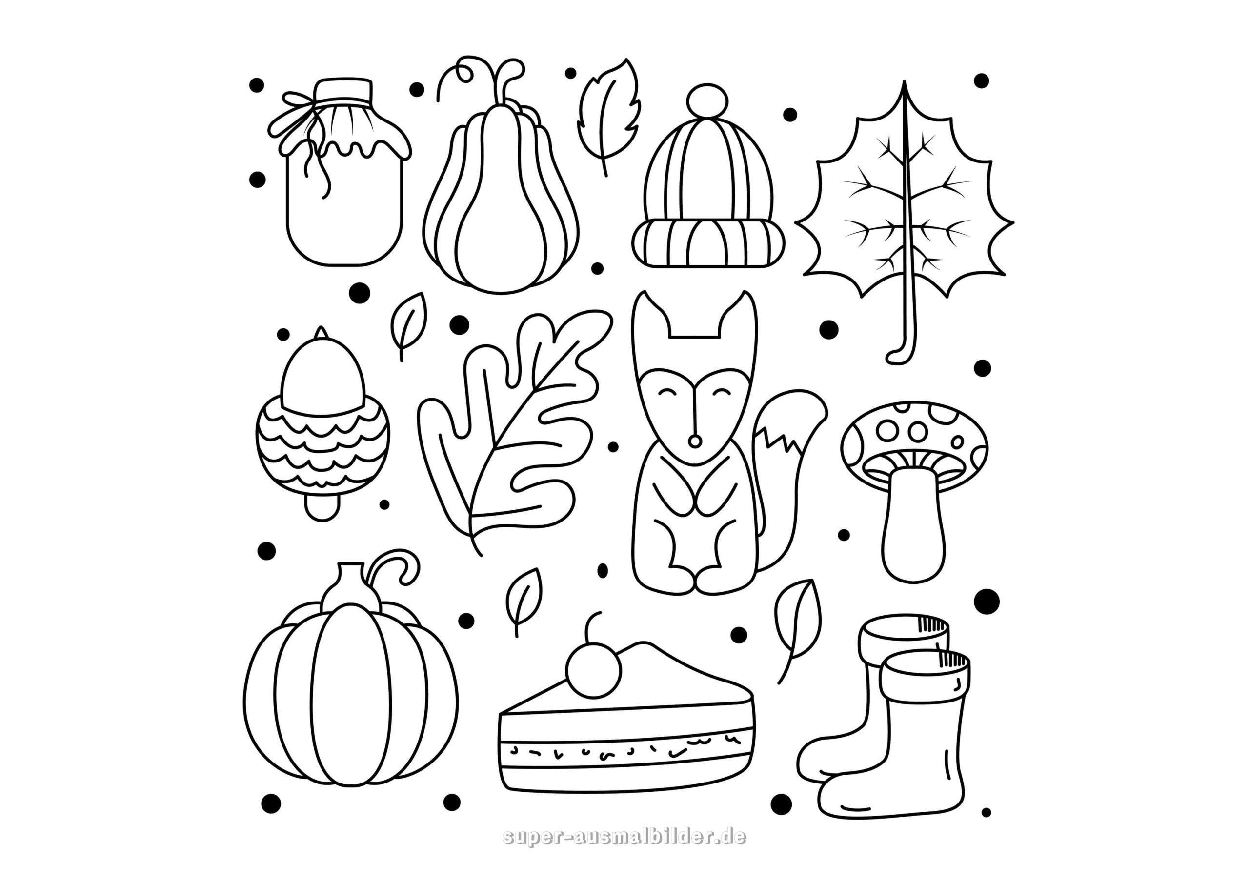 Herbst Bilder zum Ausmalen – Fuchs, Eichel, Kürbis, Blätter und Kuchenstück, herbstliche Malvorlage kostenlos für Kinder