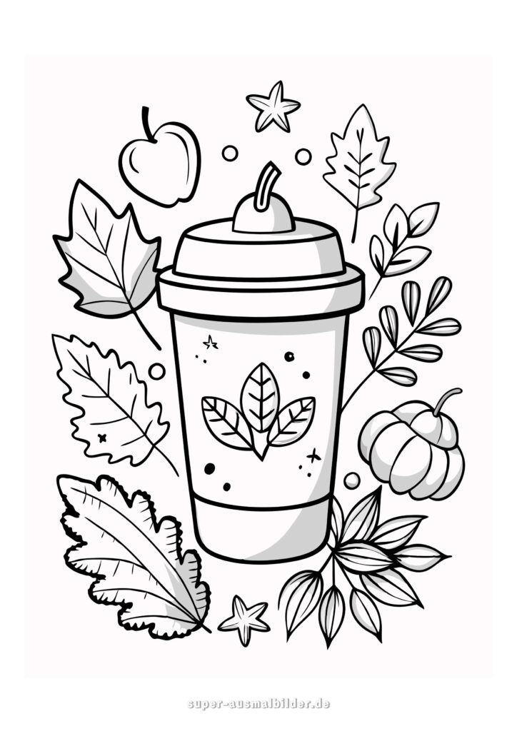 Herbst Bilder zum Ausmalen – Kaffeebecher To Go mit Blättern, Apfel und Kürbis, herbstliche Malvorlage kostenlos zum Drucken