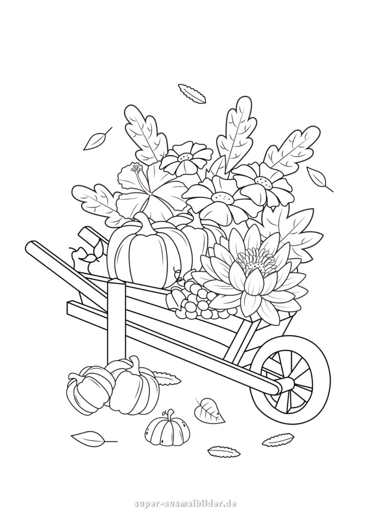 Herbst Bilder zum Ausmalen – Schubkarre mit Kürbissen, Blumen und Blättern, herbstliche Malvorlage kostenlos für Kinder und Erwachsene