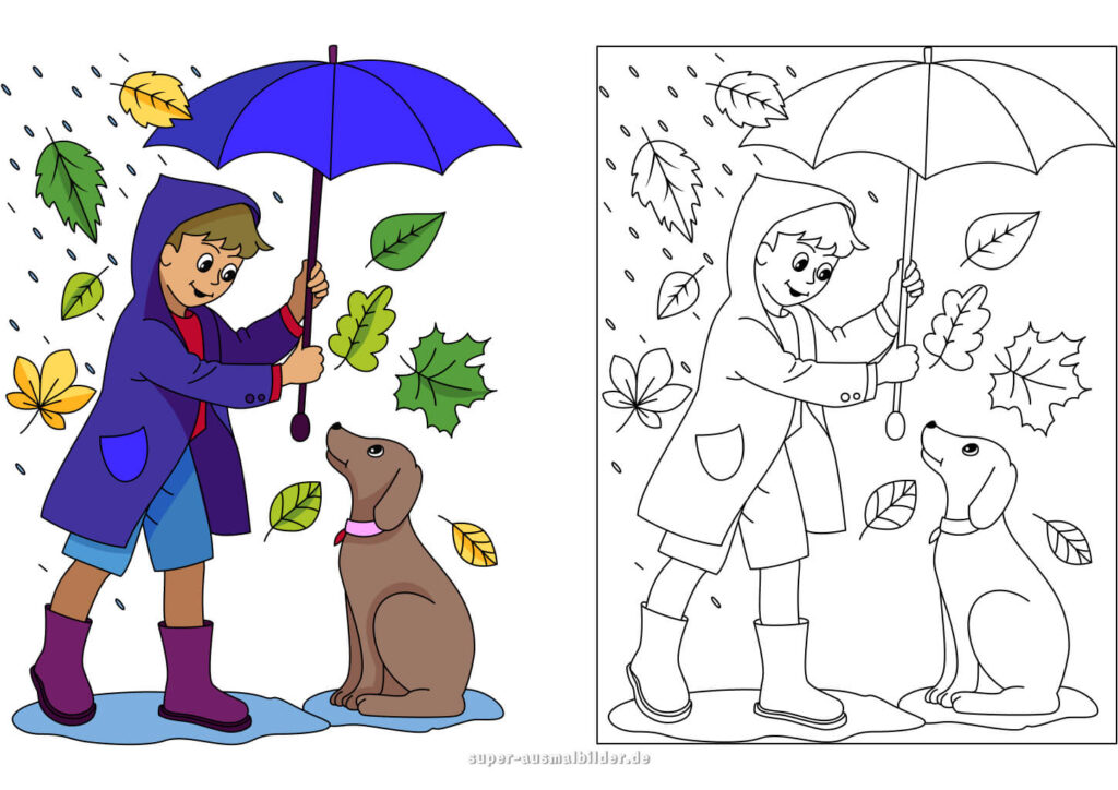 Herbst Malvorlage – Junge mit Hund unter Regenschirm im Regen, Ausmalbild mit Blättern (mit farbigem Beispiel)
