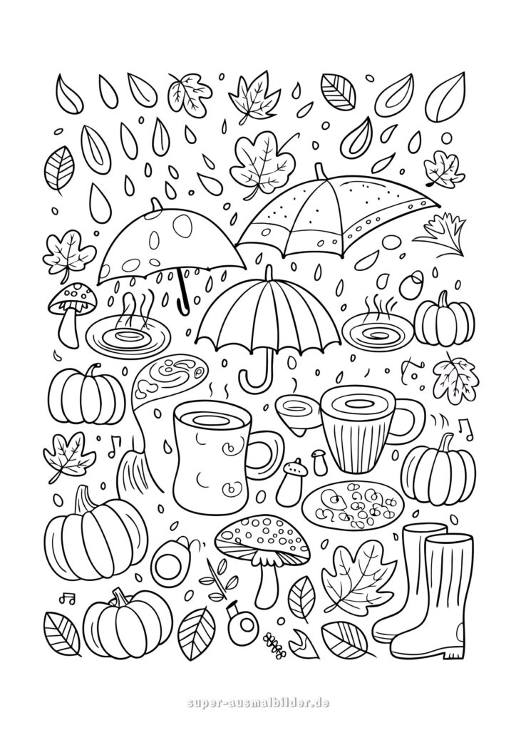 Herbst Malvorlage – Regenschirme, Kürbisse, Blätter und Pilze, lustige Ausmalbilder Herbst kostenlos zum Ausdrucken