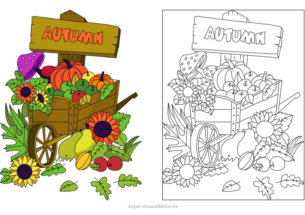 Herbst Malvorlage – Schubkarre mit Kürbissen, Äpfeln und Sonnenblumen, Herbst Erntebild zum Ausmalen (mit farbigem Beispiel)