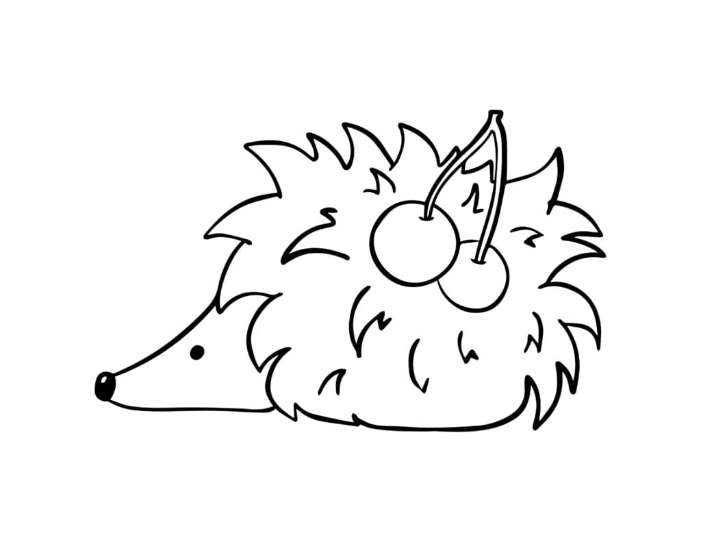 Igel Ausmalbild – Kleiner stachliger Igel mit zwei Kirschen auf dem Rücken, Malvorlage kostenlos zum Ausdrucken