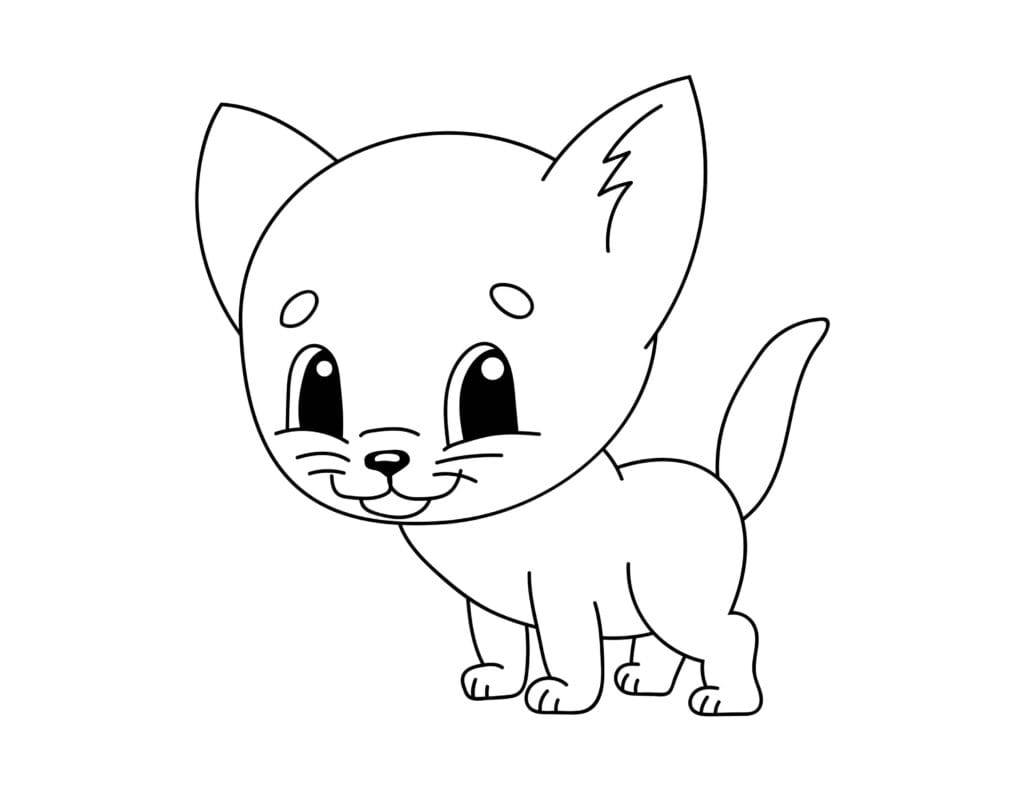 Katze Ausmalbilder Süßes kleines Kätzchen mit großen Augen und kleinem Lächeln, Malvorlage kostenlos für Kinder zum Drucken