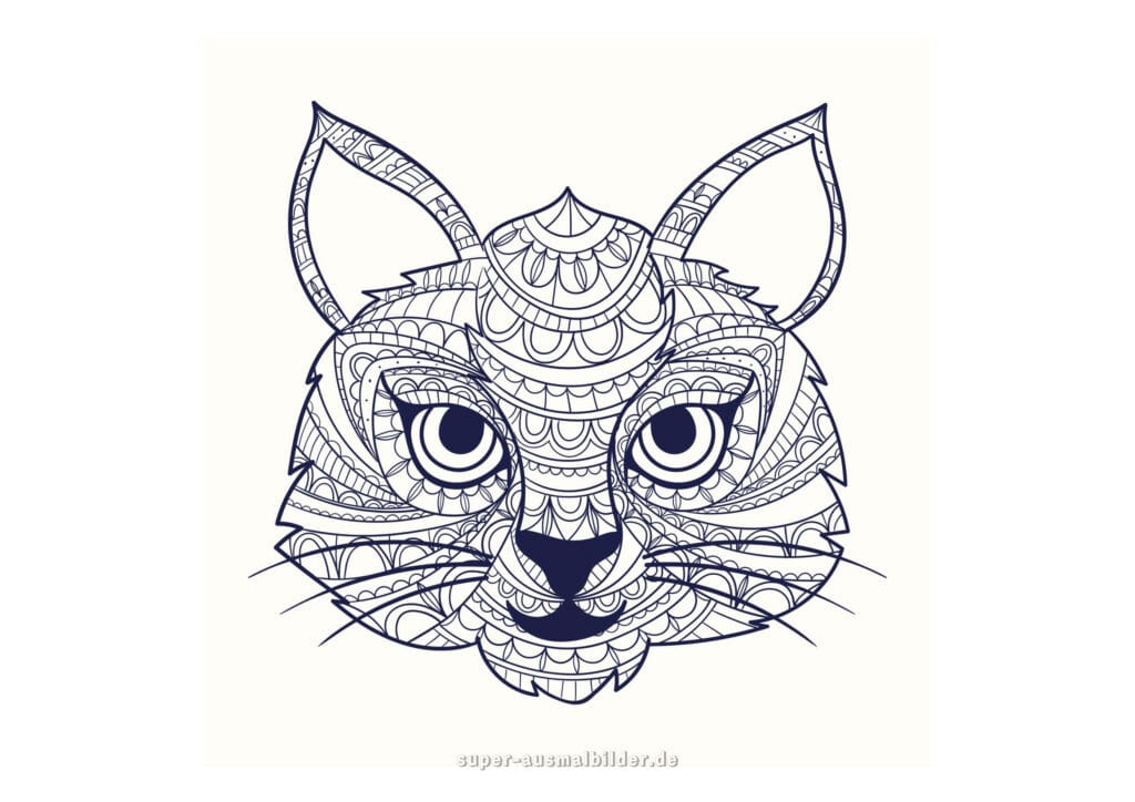 Katze Mandala Ausmalbild – Katzenkopf mit symmetrischen Mustern, Mandala Katze zum Ausmalen Erwachsene, Mandala Ausmalbilder Katzen kostenlos drucken