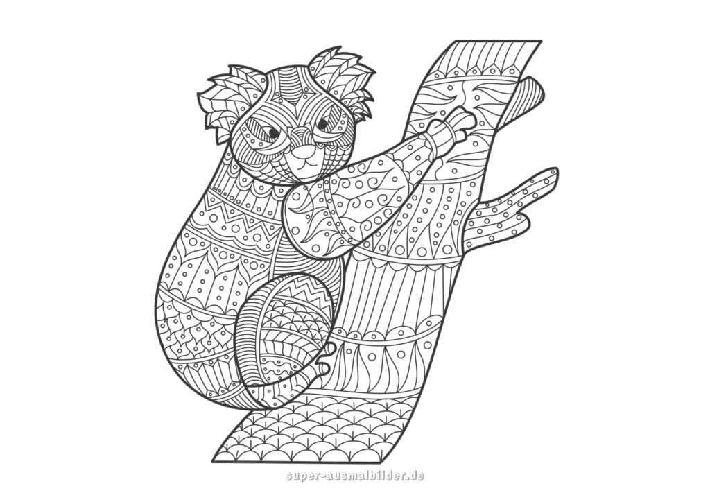 Koala Mandala Ausmalbild – Koala klettert auf Baum mit detailreichen Ornamenten, Tier Mandala zum Ausmalen Erwachsene kostenlos zum Ausdrucken