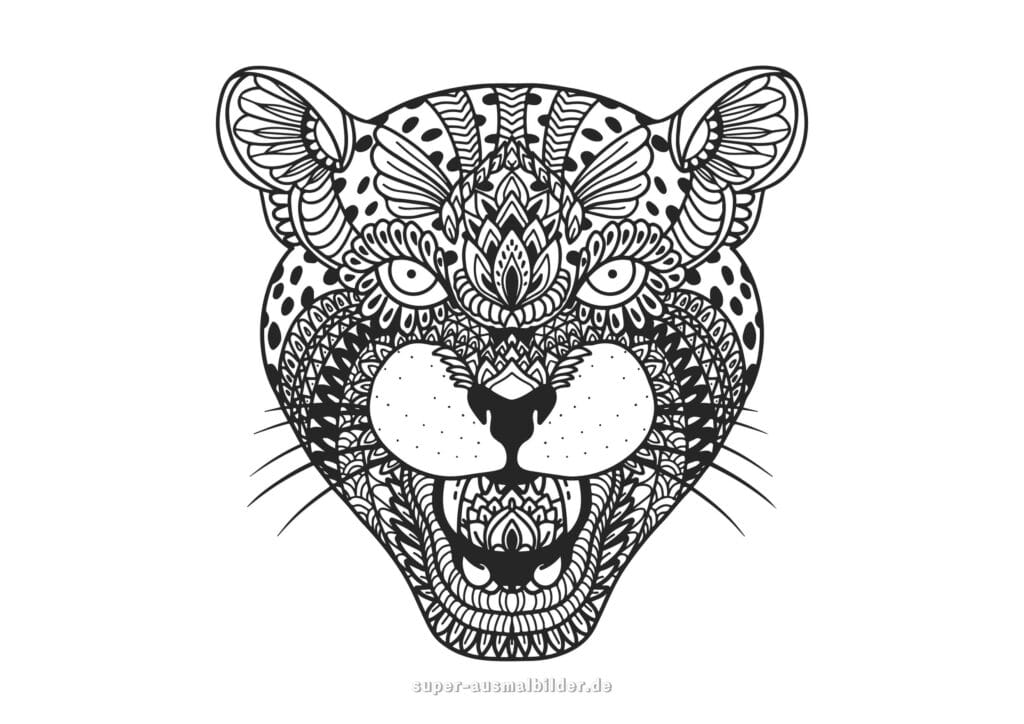 Leopard Mandala Ausmalbild – Leopardenkopf mit geöffnetem Maul und floralen Ornamenten, Tier Mandala zum Ausmalen Erwachsene kostenlos zum Ausdrucken