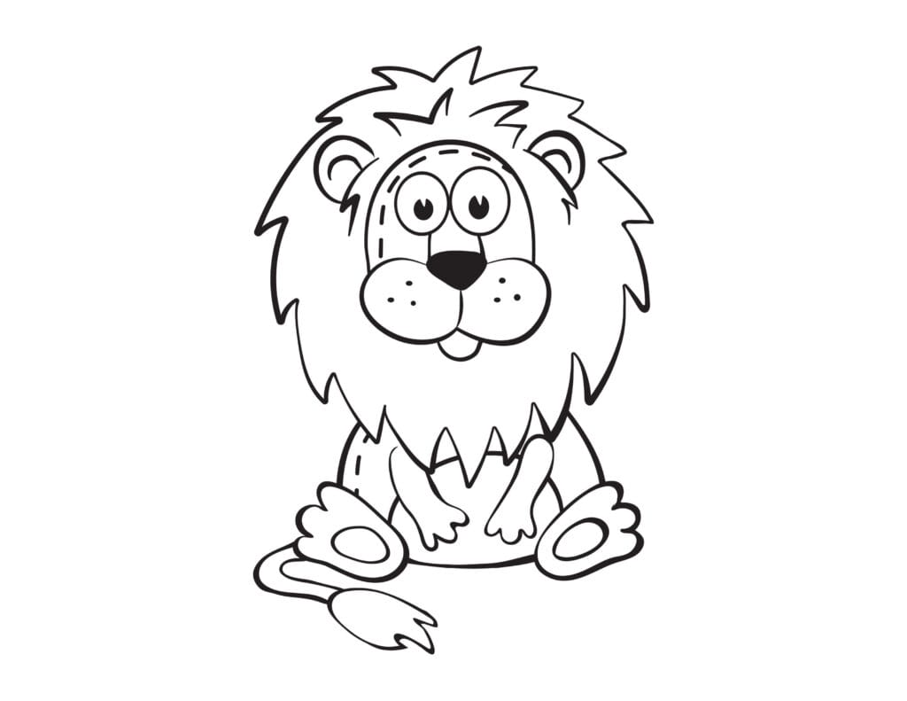Löwe Ausmalbild Lustiger sitzender Löwe mit großer Mähne und freundlichem Gesicht, Malvorlage kostenlos für Kinder zum Drucken