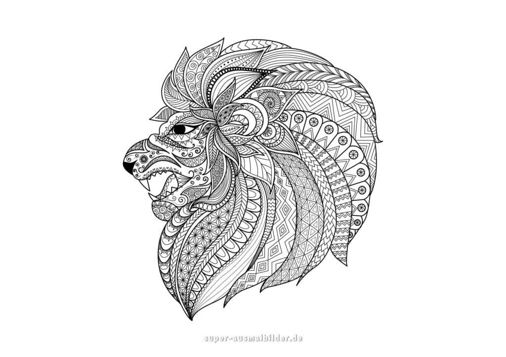Löwe Mandala Ausmalbild – Mandala Löwenkopf mit prächtiger Mähne, Tier Mandala zum Ausmalen Erwachsene, Mandala Bilder zum Ausdrucken kostenlos