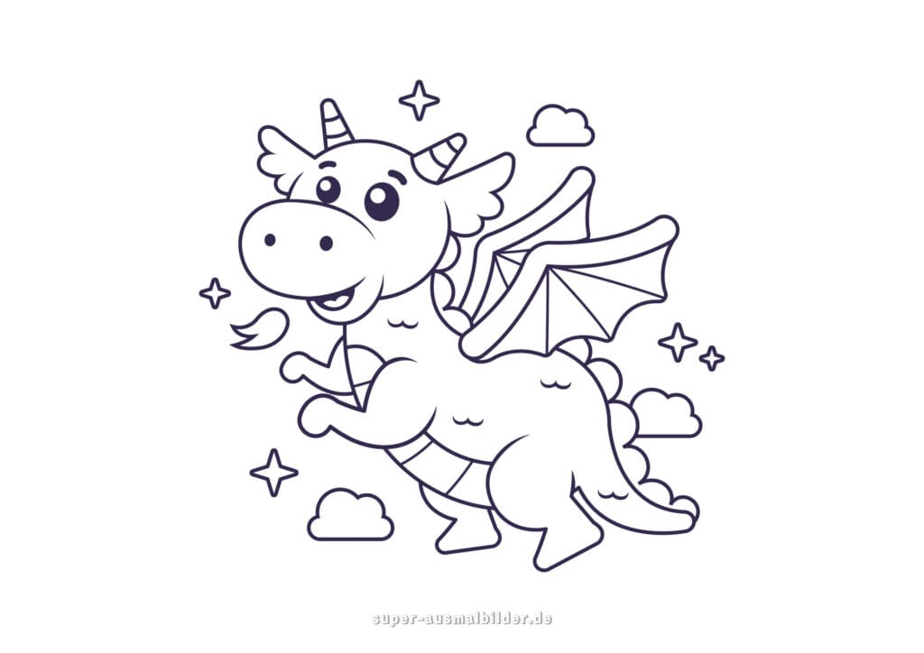 Lustige Drachen Ausmalbilder – Cartoon Drache mit Flügeln und Sternen, einfache Malvorlage Drachen für Kinder kostenlos