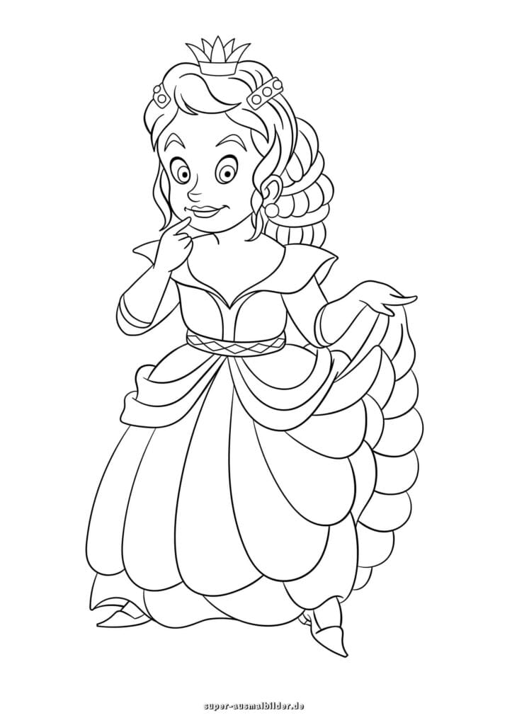 Lustige Prinzessin Ausmalbild – Prinzessin mit großer Frisur und Kleid, Malvorlage kostenlos für Kinder