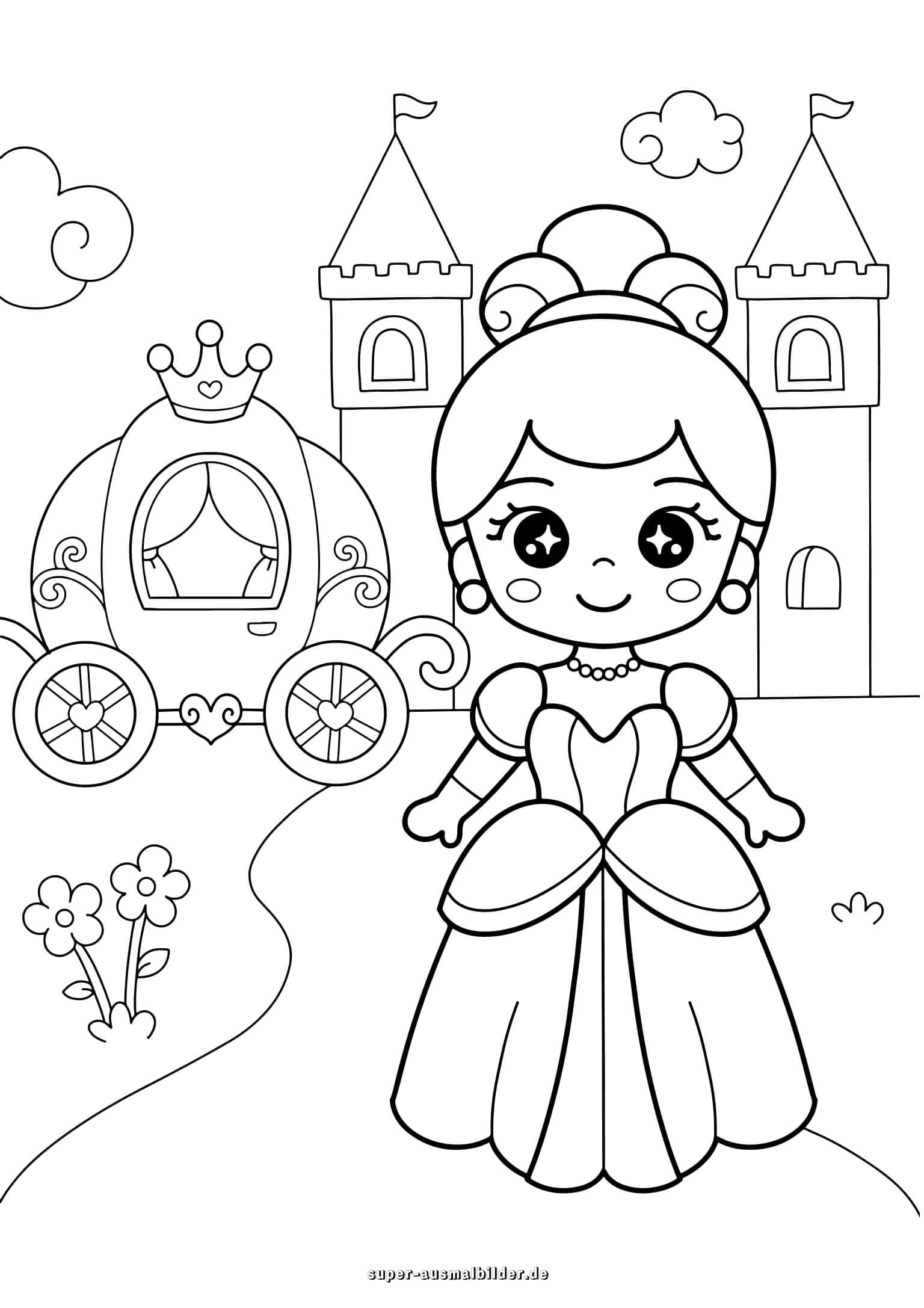 Märchenprinzessin vor Schloss – Ausmalbild Prinzessin im Kleid mit Schloss und Kutsche, Malvorlage kostenlos zum Ausdrucken