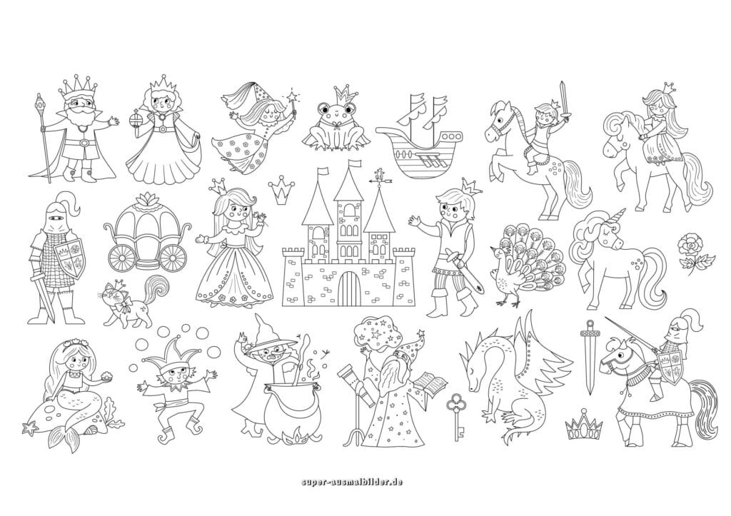 Märchenwelt Ausmalbild – große Sammlung mit Prinzessin, König, Ritter, Drache, Schloss, Meerjungfrau und Einhorn, Malvorlagen kostenlos für Kinder