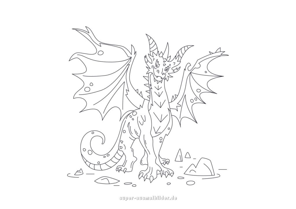 Malvorlage Drache – Böser Drache mit großen Flügeln und Hörnern, detaillierte Drachenzeichnung zum Ausmalen, kostenlos für Kinder
