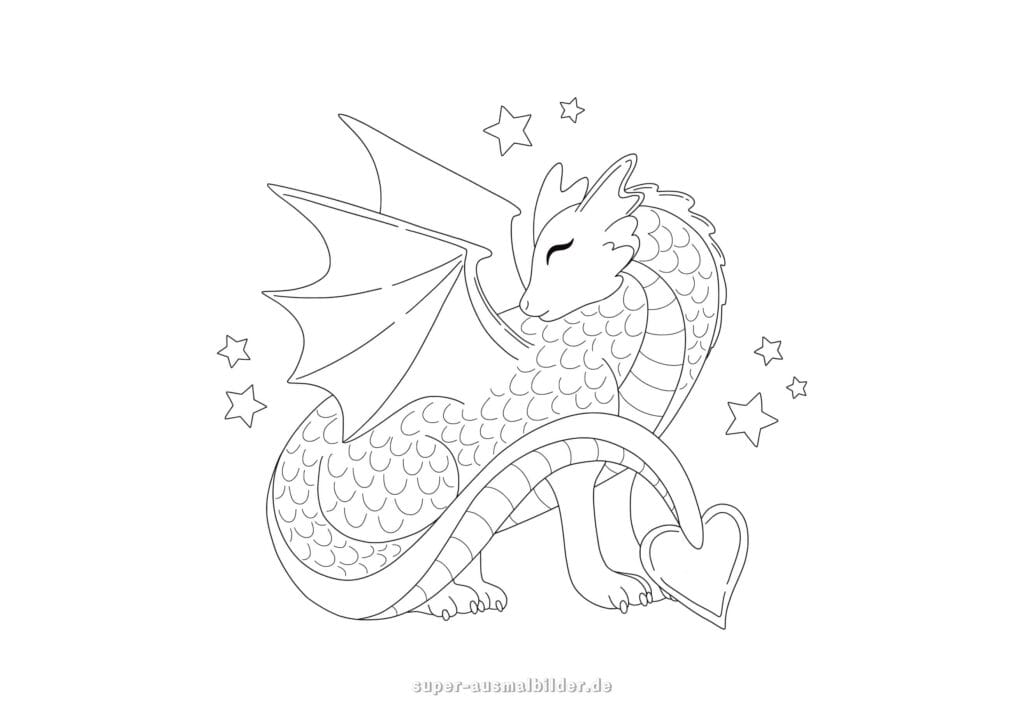 Malvorlage Drache – Sanfter Drache mit Herzschwanz zwischen Sternen, Ausmalbild kostenlos für Kinder