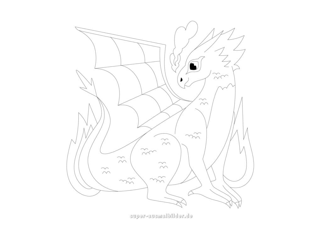 Malvorlage Drachen Zeichnungen – Stolzer Drache mit Rauch, detaillierte Drachenbilder zum Ausmalen, kostenlos für Kinder