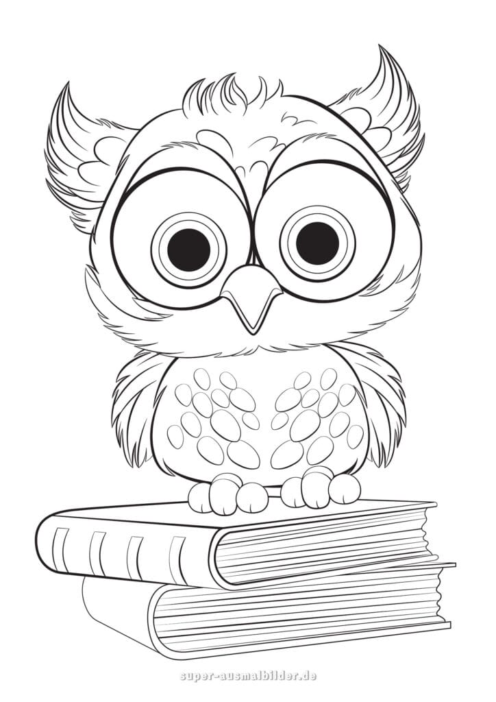 Malvorlage Eule Niedliche Eule mit großen Augen sitzt auf Büchern, Ausmalbild für Kinder kostenlos drucken
