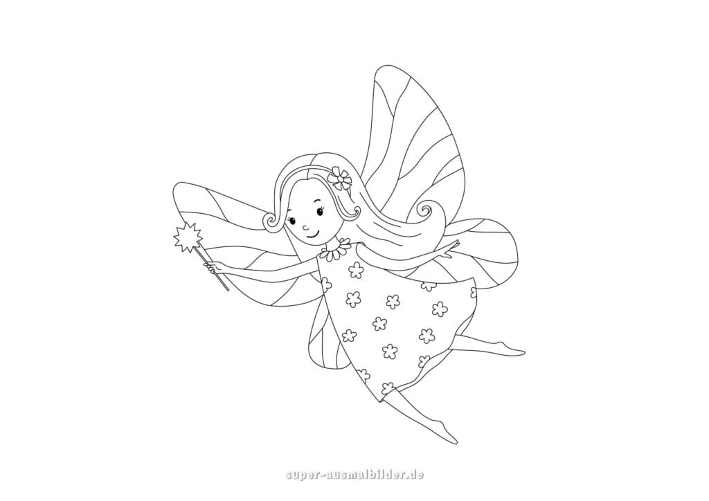 Malvorlage Fee – Fliegende Blumenfee mit Zauberstab, kostenlose Feenbilder zum Ausmalen und Drucken