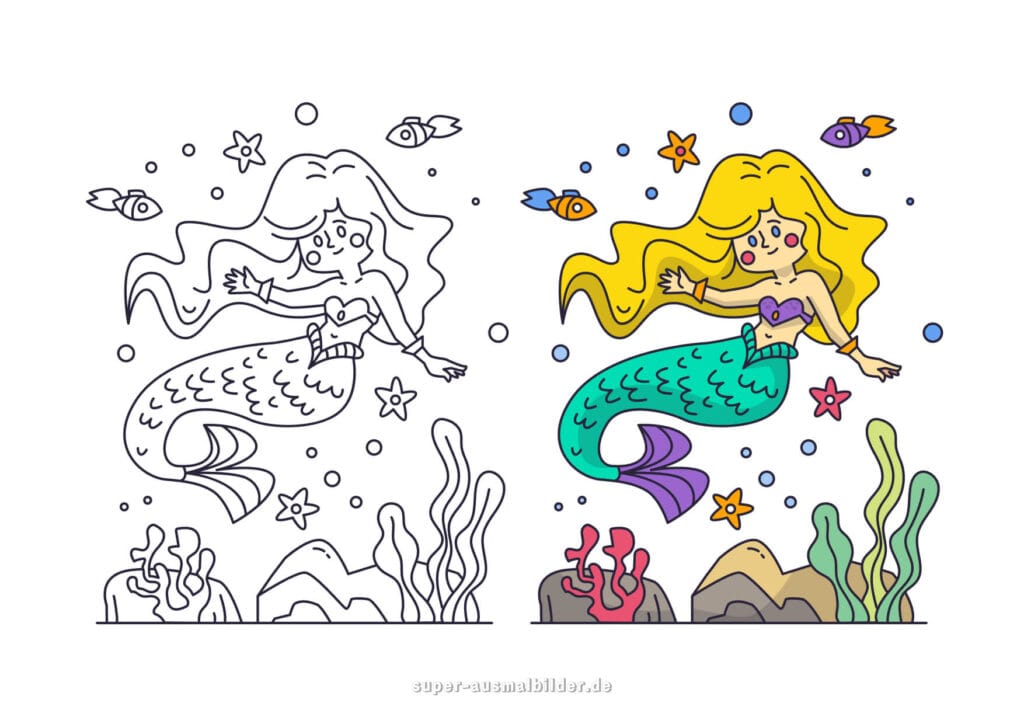Malvorlage Meerjungfrau – Bunte Meerjungfrau mit gelben Haaren und Fischen im Meer, Ausmalbilder kostenlos zum Ausdrucken