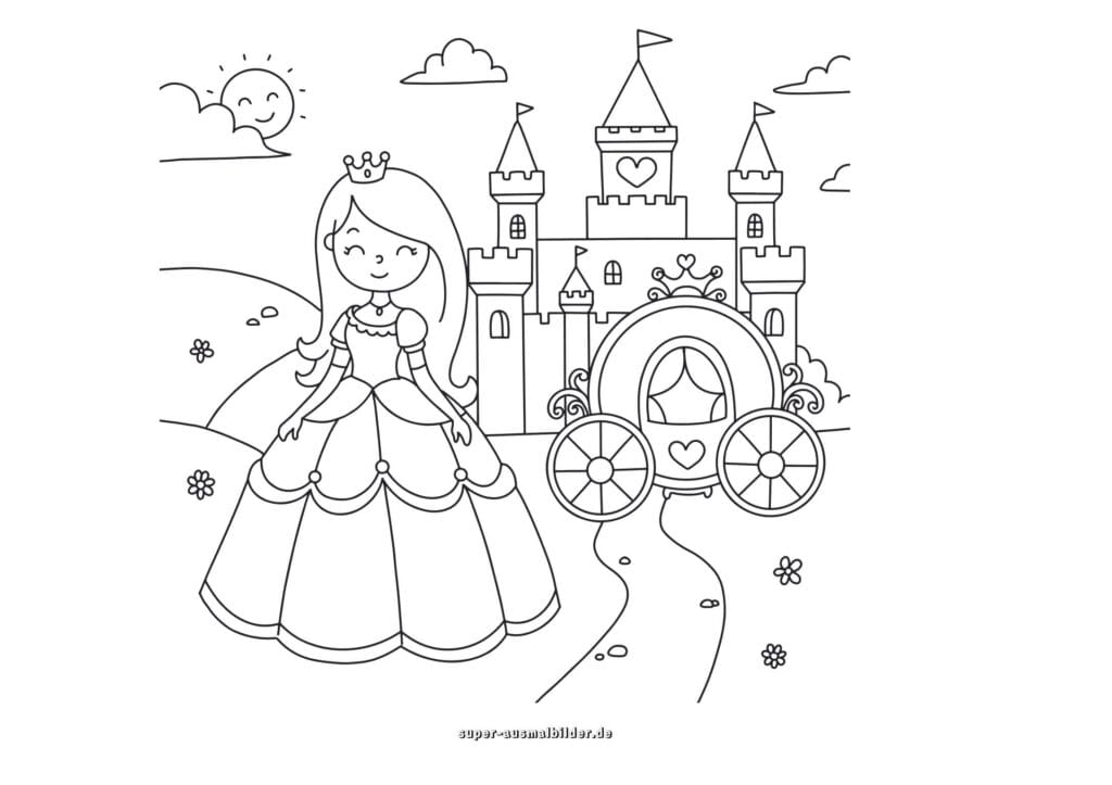 Malvorlage Prinzessin mit Schloss – Prinzessin vor Märchenschloss mit Kutsche, Ausmalbild für Kinder kostenlos zum Ausdrucken