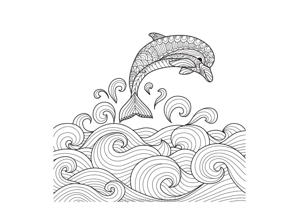 Mandala Ausmalbild Delphin – Delfin springt über große Wellen, detailreiche Malvorlage zum Drucken und Ausmalen