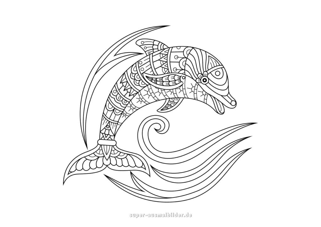 Mandala Delphin Ausmalbild – künstlerischer Delfin mit Ornamenten, malvorlage delphin kostenlos für Erwachsene und Kinder zum Drucken
