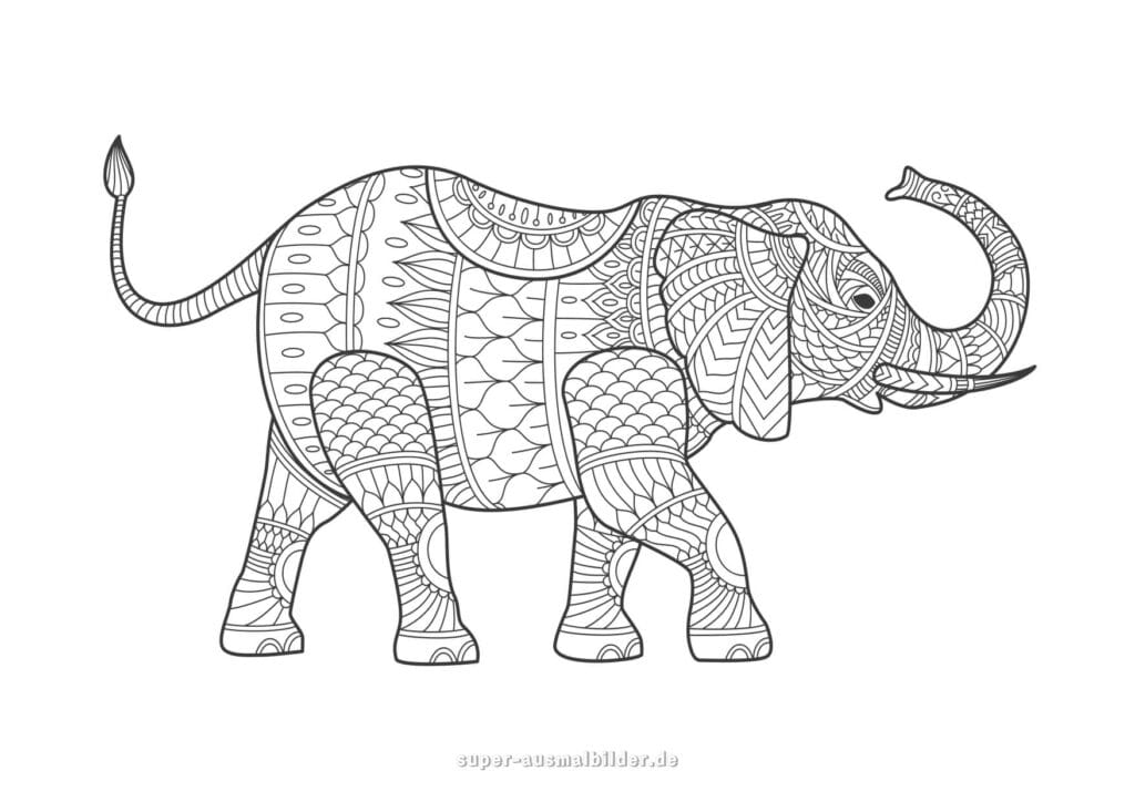 Mandala Elefant Ausmalbild dekorativer Elefant mit Ornamenten, Malvorlage zum Drucken
