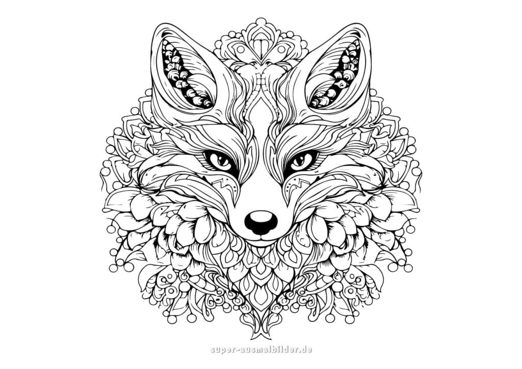 Mandala Fuchs Ausmalbild Symmetrischer Fuchskopf mit floralen Ornamenten und Mustern, kostenlose Malvorlage zum Ausmalen für Erwachsene und Kinder