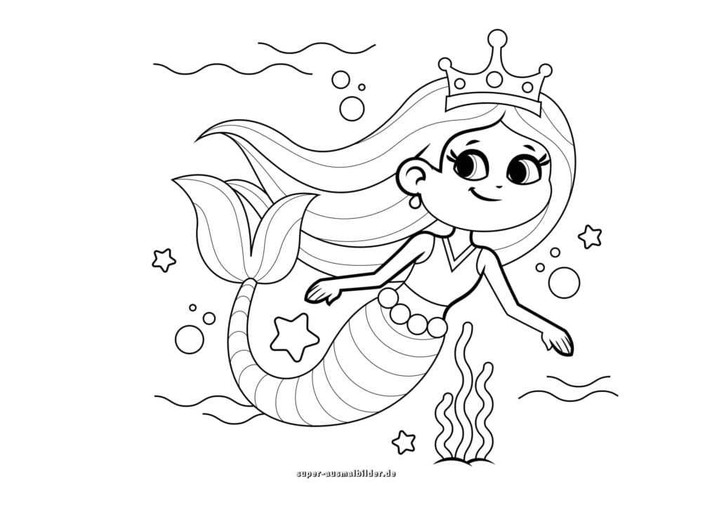 Meerjungfrau Ausmalbild – Prinzessin Meerjungfrau schwimmt unter Wasser mit Krone und Seesternen, Malvorlage kostenlos für Kinder