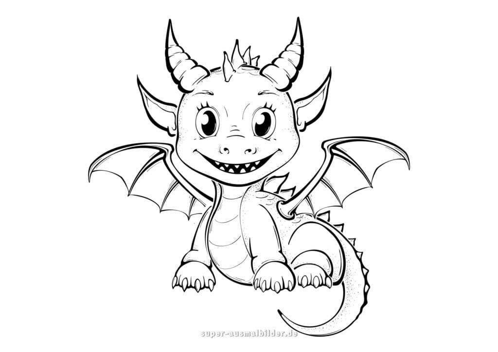 Niedlicher Drache Ausmalbild – Baby Drache mit großen Augen und Hörnern, Malvorlage kostenlos zum Ausdrucken für Kinder