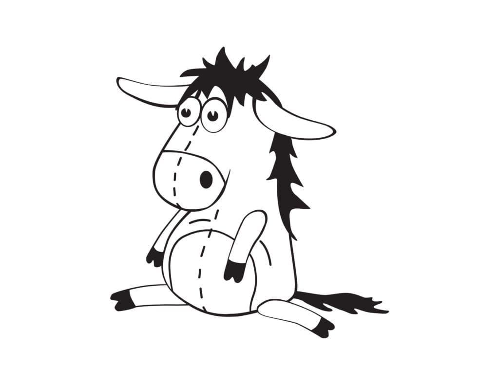 Pferd Ausmalbild Lustiges sitzendes Pony mit Mähne und Hufen, Malvorlage kostenlos für Kinder zum Ausdrucken