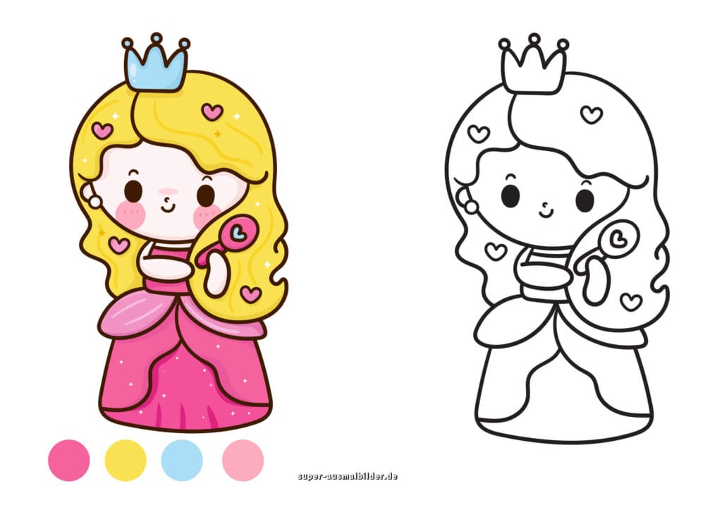 Prinzessin Ausmalbild – Süße Prinzessin mit Herz und Krone, Malvorlage kostenlos für Kinder zum Ausmalen (mit farbigem Beispiel)