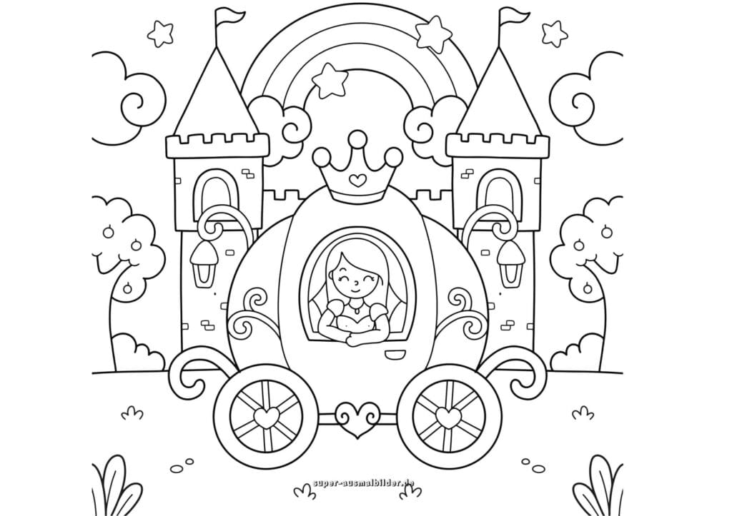 Prinzessin Kutsche Ausmalbild – Märchenhafte Prinzessin in Kutsche vor Schloss mit Regenbogen, Malvorlage kostenlos zum Ausdrucken