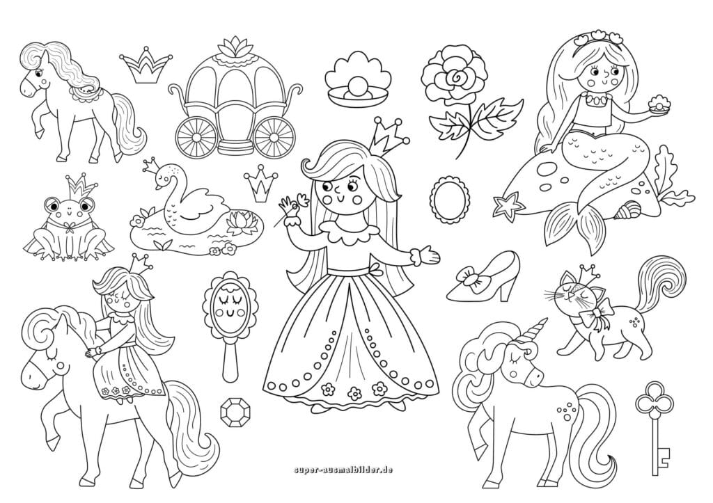 Prinzessin Malvorlagen Sammlung – viele kleine Motive Prinzessin, Einhorn, Froschkönig, Meerjungfrau, Schloss und Krone, Bilder zum Ausdrucken