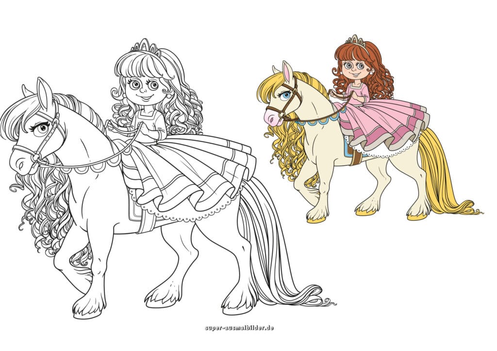 Prinzessin auf Pony – Ausmalbild Prinzessin reitet Pony mit Krone, Malvorlage kostenlos zum Ausdrucken (mit farbigem Beispiel)