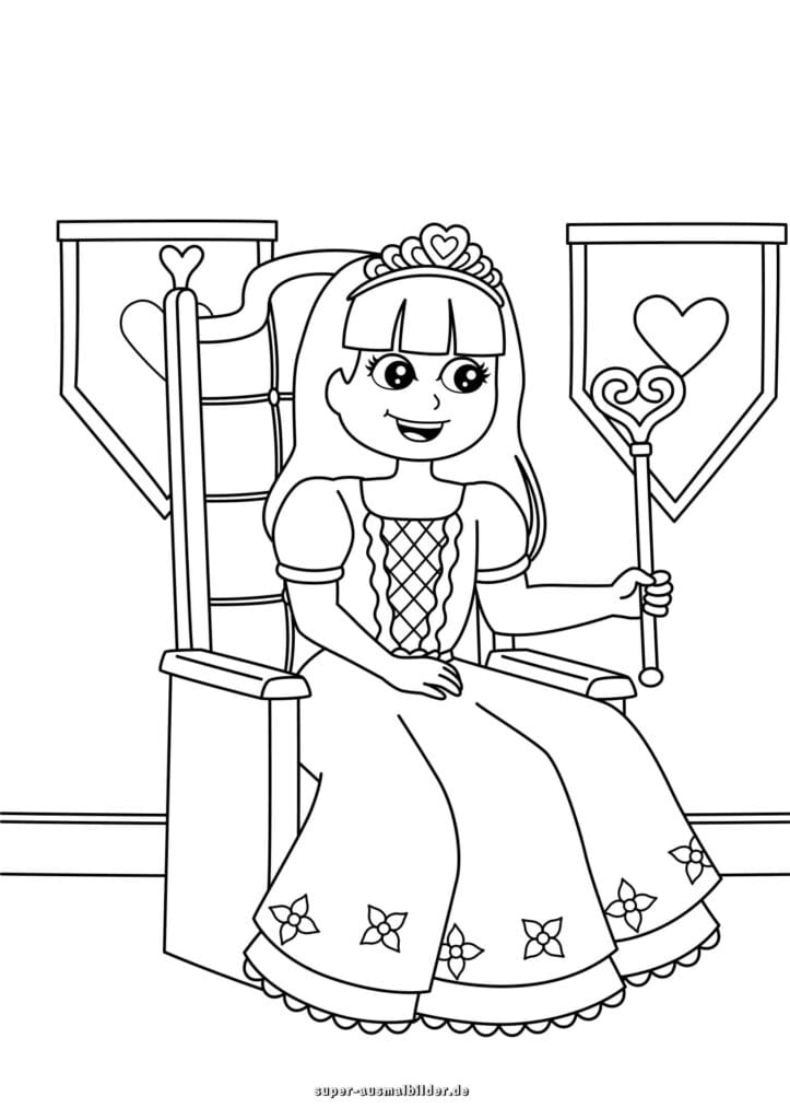 Prinzessin auf Thron – Ausmalbild Prinzessin mit Zepter sitzt auf Thron, Malvorlage für Kinder kostenlos
