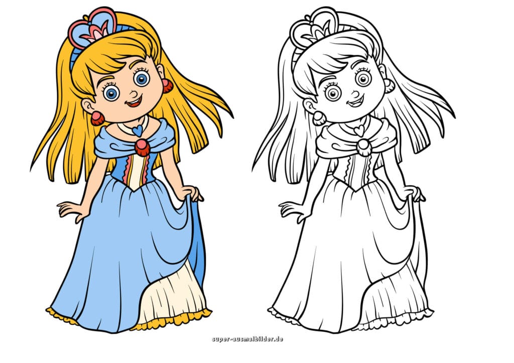 Prinzessin im blauen Kleid – Ausmalbild süße Prinzessin mit Krone, Ballkleid und Herz, Malvorlage zum Ausdrucken (mit farbigem Beispiel)