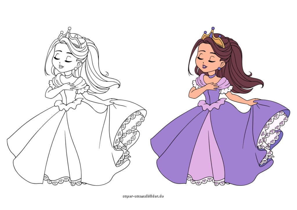 Prinzessin im violetten Kleid – Ausmalbild elegante Prinzessin mit Krone und langen Haaren, kostenlose Malvorlage (mit farbigem Beispiel)