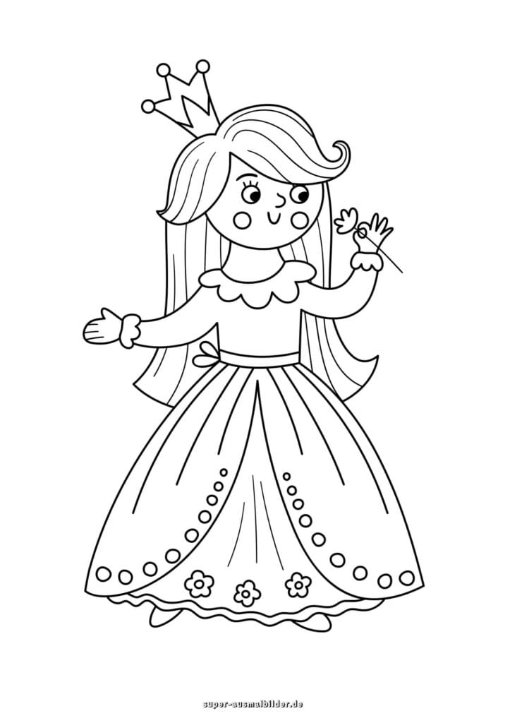 Prinzessin mit Blume Ausmalbild – Prinzessin im Kleid mit Krone und Blume, Malvorlage kostenlos für Kinder