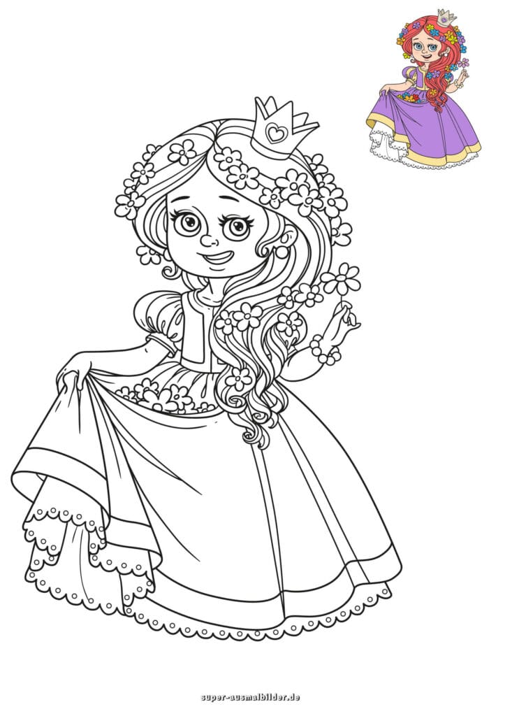 Prinzessin mit Blumenkranz – Ausmalbild Prinzessin mit Blumen im Haar und Krone, Malvorlage kostenlos zum Ausdrucken (mit farbigem Beispiel)