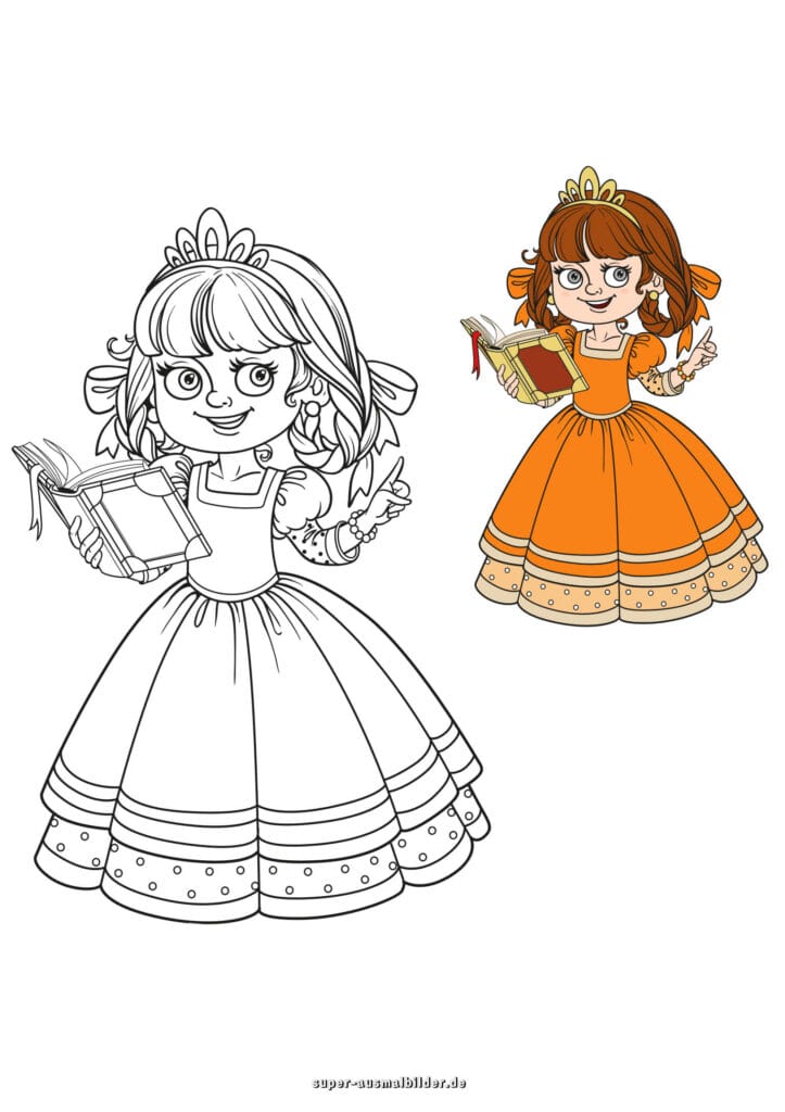 Prinzessin mit Buch – Ausmalbild Prinzessin im Kleid liest Märchenbuch, Malvorlage kostenlos zum Ausdrucken (mit farbigem Beispiel)