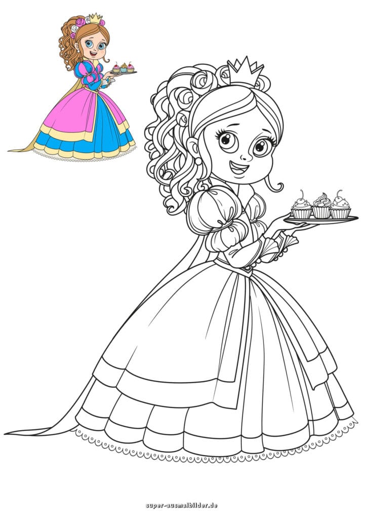 Prinzessin mit Cupcakes – Ausmalbild Prinzessin serviert Süßigkeiten, Malvorlage kostenlos für Kinder (mit farbigem Beispiel)