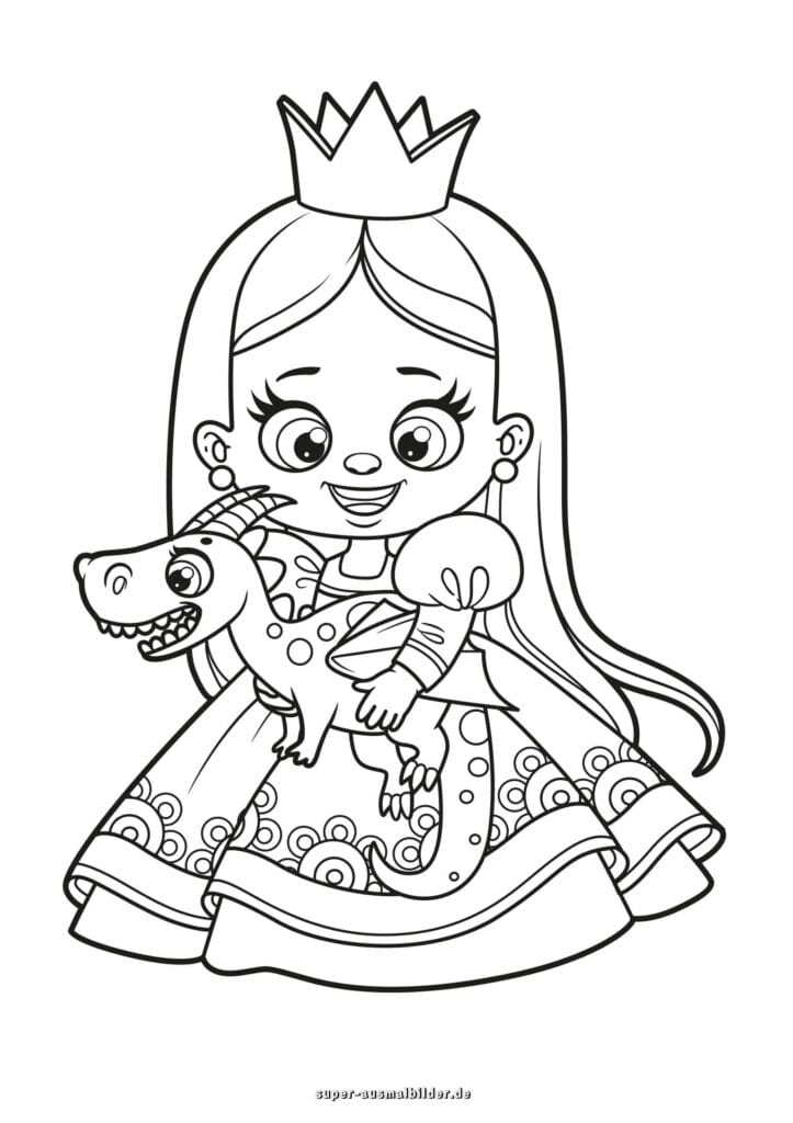 Prinzessin mit Drache – Ausmalbild Prinzessin im Kleid hält Baby Drache, Malvorlage kostenlos zum Ausdrucken