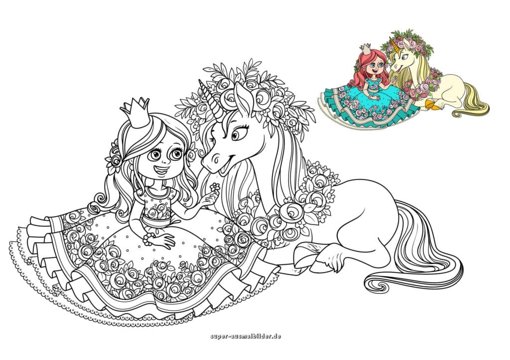Prinzessin mit Einhorn Ausmalbild – Prinzessin im Blumen Kleid mit Krone sitzt neben Einhorn mit Blumenkranz, Malvorlage (mit farbigem Beispiel)
