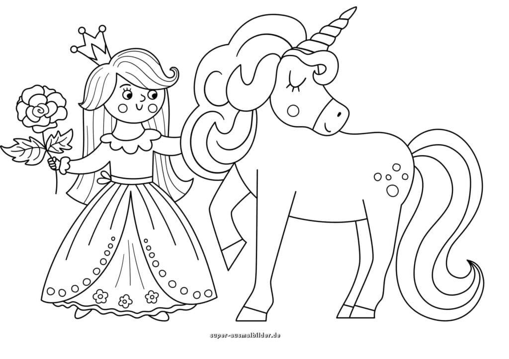 Prinzessin mit Einhorn Ausmalbild – Prinzessin mit Krone hält Blume neben Einhorn, Malvorlage für Kinder kostenlos zum Ausdrucken